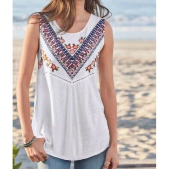 Sundance Medium Top LINEN Sleeveless Embroidered Floral Boho Idlewood Off White - Picture 2 of 9